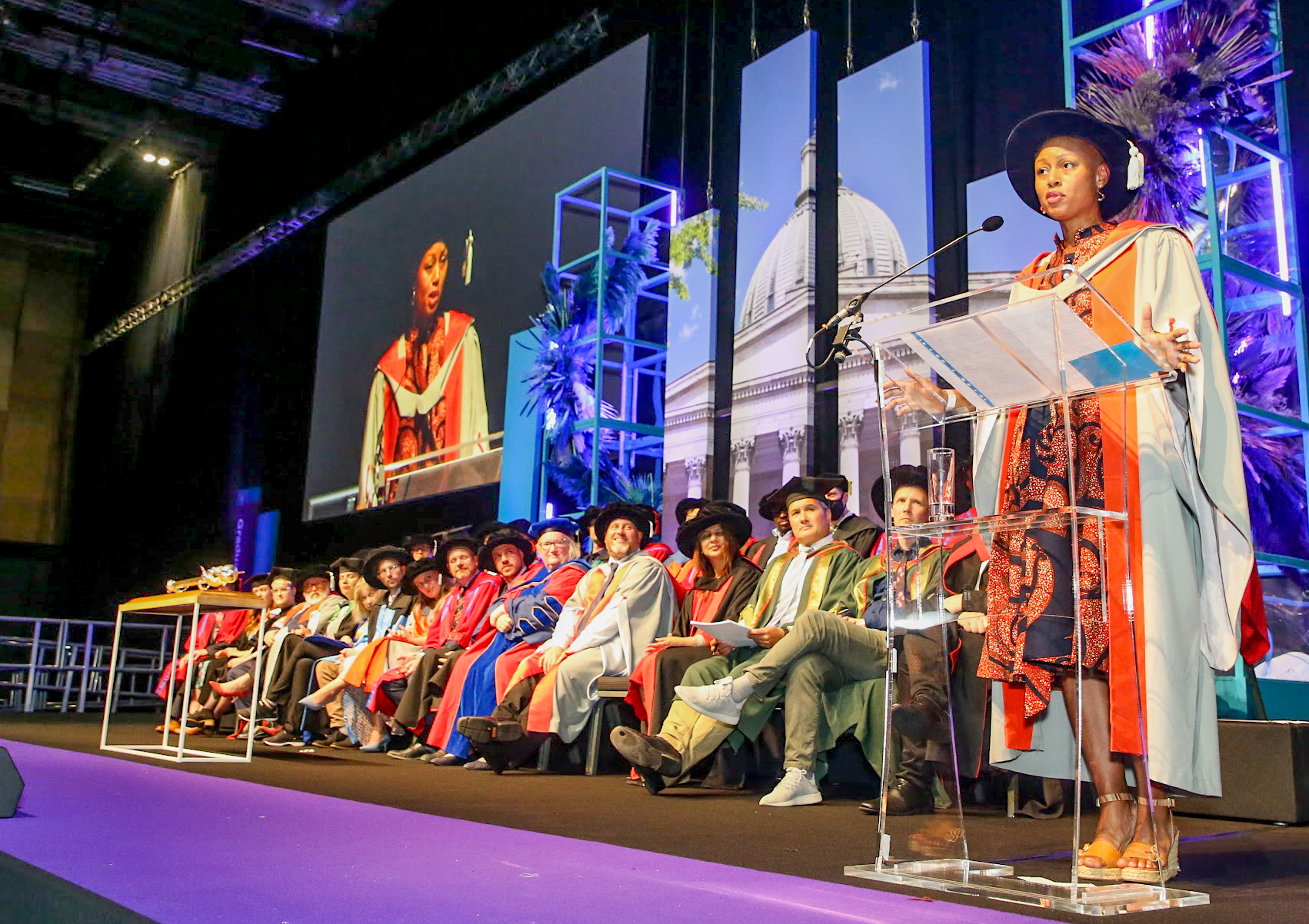 Leanne Case delivering a keynote at UCL Graduation